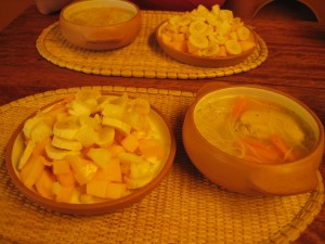 A ¨light¨ lunch of soup and fruit salad.